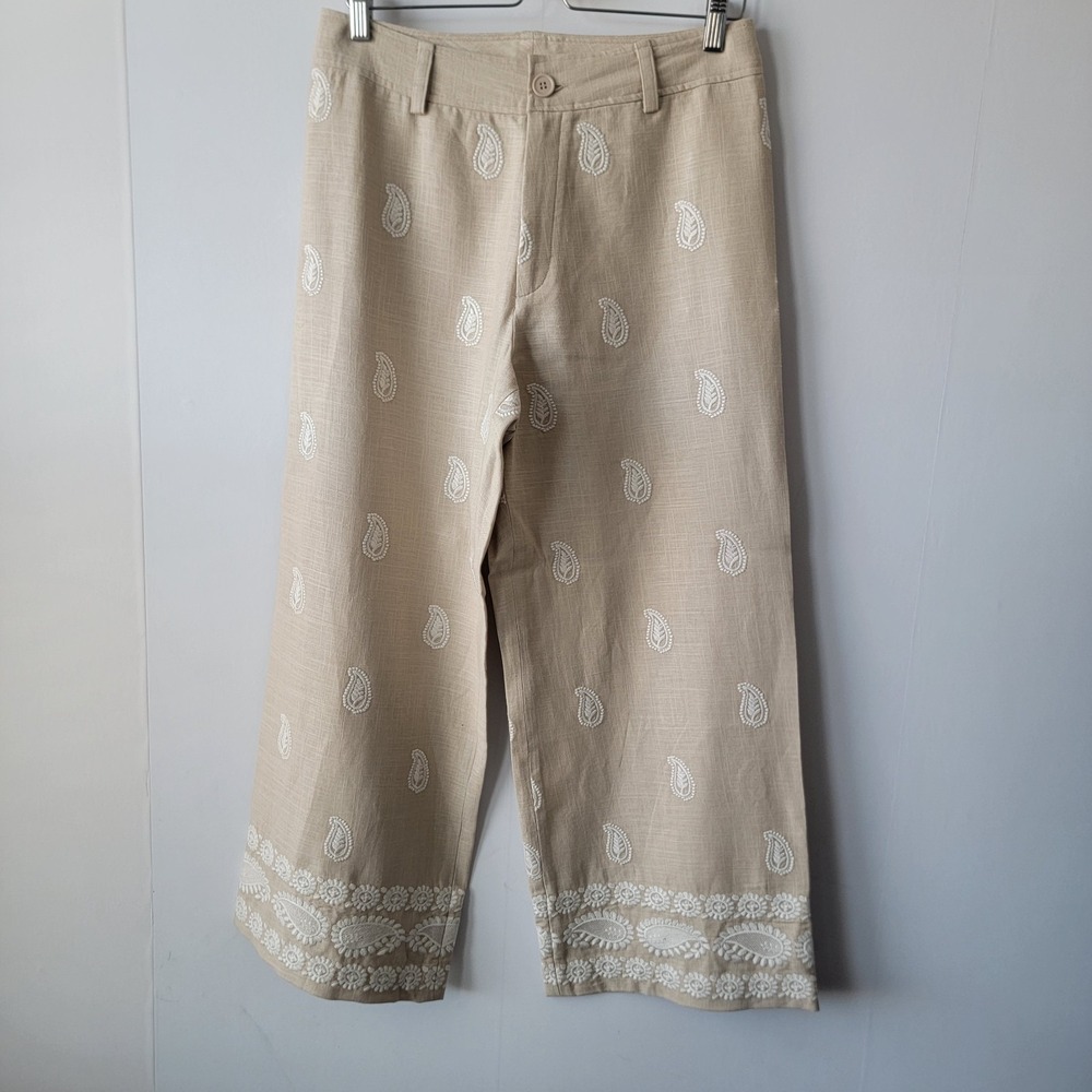 elie tahari women's embroidered Wide Leg pants size 10 linen blend Coastal Beach